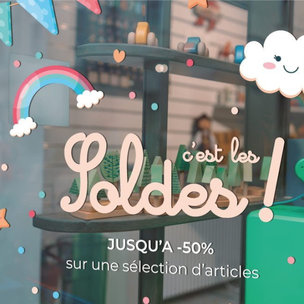 Stickers vitrine soldes boutique enfant