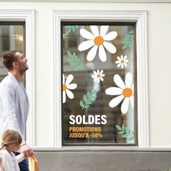 stickers vitrine soldes fleurs géantes