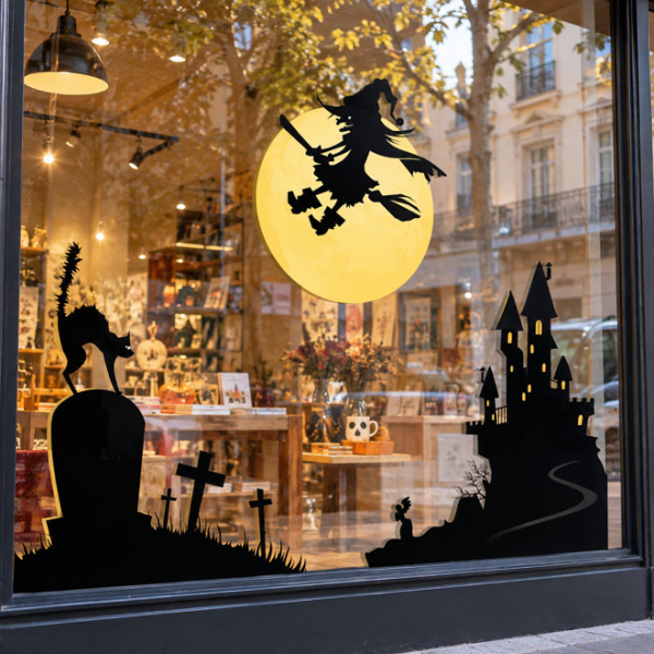 Stickers vitrine Halloween sorcière, maison hantée, chats et tombes
