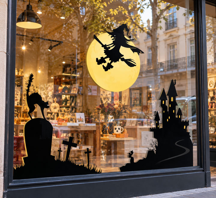 Stickers vitrine Halloween sorcière décor Stickers vitrine Halloween sorcière, maison hantée, chats et tombes