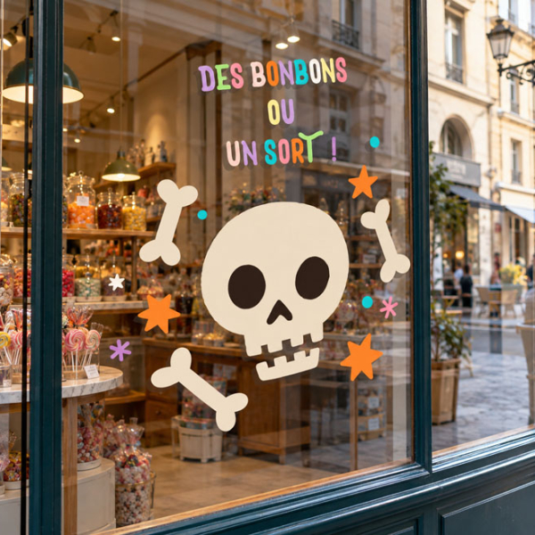 Sticker vitrine Halloween tête de mort avec message Des bonbons ou un sort