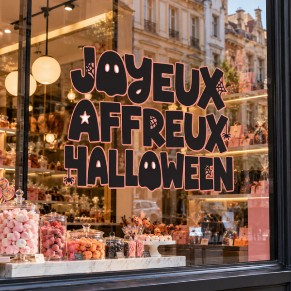 Vitrine de commerce décorée avec sticker Joyeux Affreux Halloween