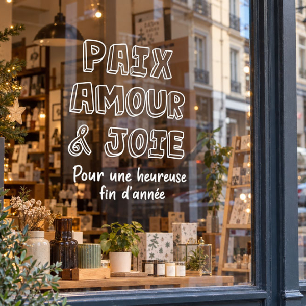 Autocollant original noël vitrine Paix Amour et Joie en blanc sur la vitrine d'une boutique de décoration