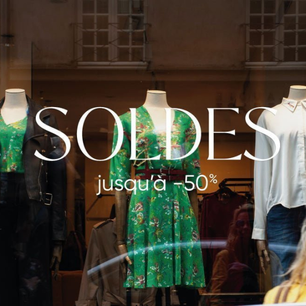 Sticker soldes classique pour vitrine avec réduction personnalisable