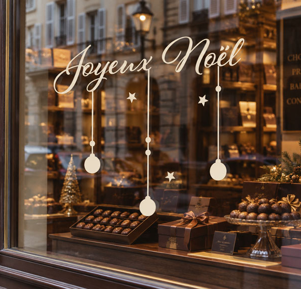 Sticker Joyeux Noël boules suspendues couleur crème sur la vitrine d’une chocolaterie, avec trois boules et des étoiles