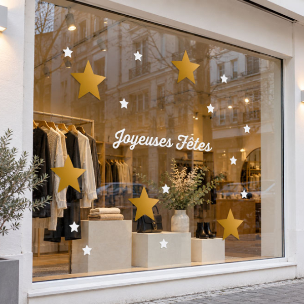 Stickers Joyeuses Fêtes dorés et étoiles sur vitrine de boutique
