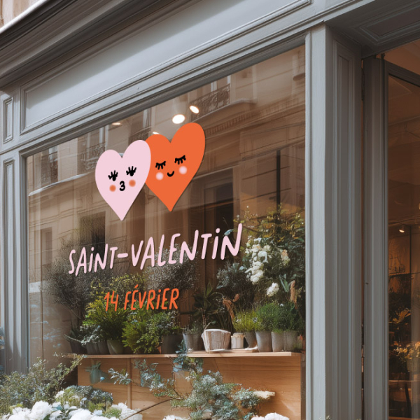 Sticker Saint-Valentin avec deux cœurs mignons sur vitrine de magasin fleuri