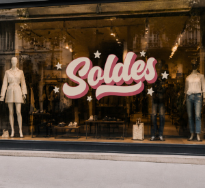 Sticker Soldes vintage pour vitrine de magasin de vetements pendant les promotions