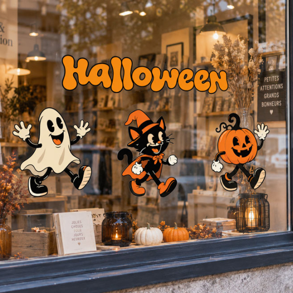 stickers Halloween rétro avec 3 personnages pour votre vitrine de magasin